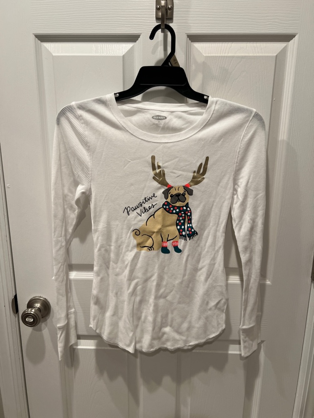 Old Navy White Thermal Tee with Festive Pug Graphic
